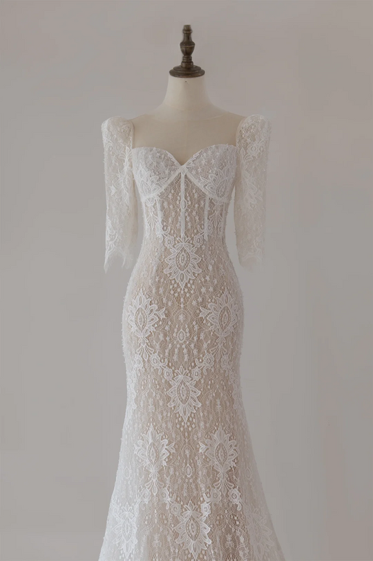 Modest Mermaid Sweetheart 3/4 Sleeves Fitted Lace Corset Wedding Dress Long Bridal Gown Wedding Gowns RB1131