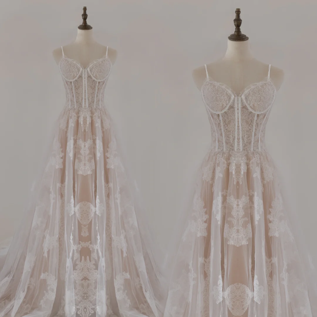 Modest A Line Spaghetti Straps Lace Fitted Corset Wedding Dress Long Bridal Gown Wedding Gowns RB1134