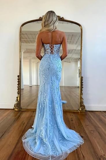 Modest Trendy Mermaid Sweetheart Light Sky Blue Lace Tulle Slit Prom Dresses Long Birthday Outfit Senior High School Dance Party Dress RB1143