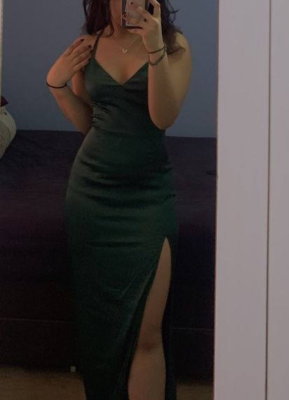 Modest Mermaid Spaghetti Straps Green Satin Prom Dresses Inspiration Slit Prom Dress Graduation Dress RB1152