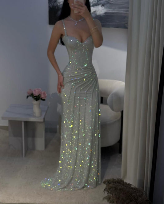 Modest Mermaid Spaghetti Straps Sequins Silver Prom Dresses Inspiration Prom Dress Graduation Dress RB1169