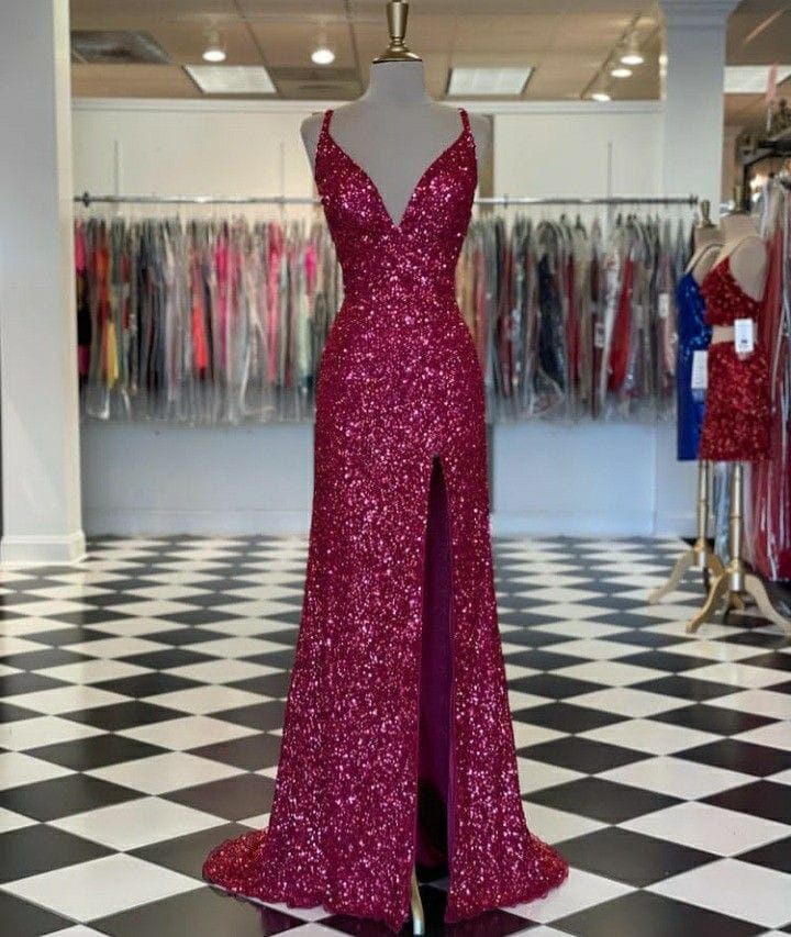 Modest Trendy Mermaid Spaghetti Straps Fuchsia Sequin Prom Dresses Style Long Senior High School Dance Party Dress RB1170