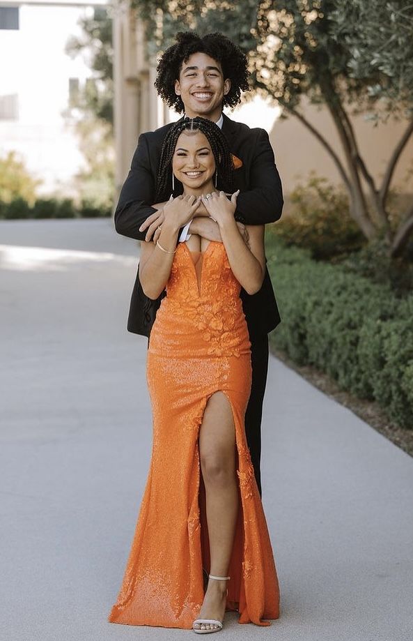 Modest Trendy Mermaid Spaghetti Straps Orange Sequins Prom Dresses Style Long Senior High School Dance Party Dress RB1179