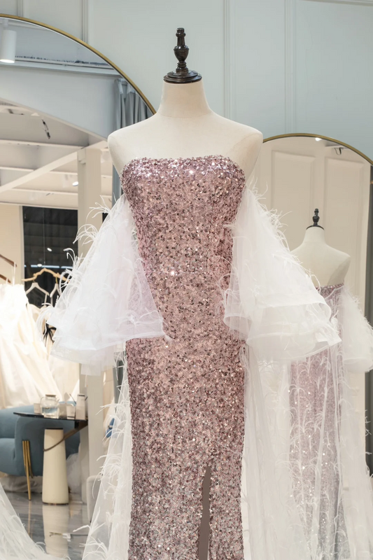 Sexy Mermaid Strapless Pink Silver Sequins Slit Long Prom Dresses Inspiration Party Dress Graduation Dress RB1214