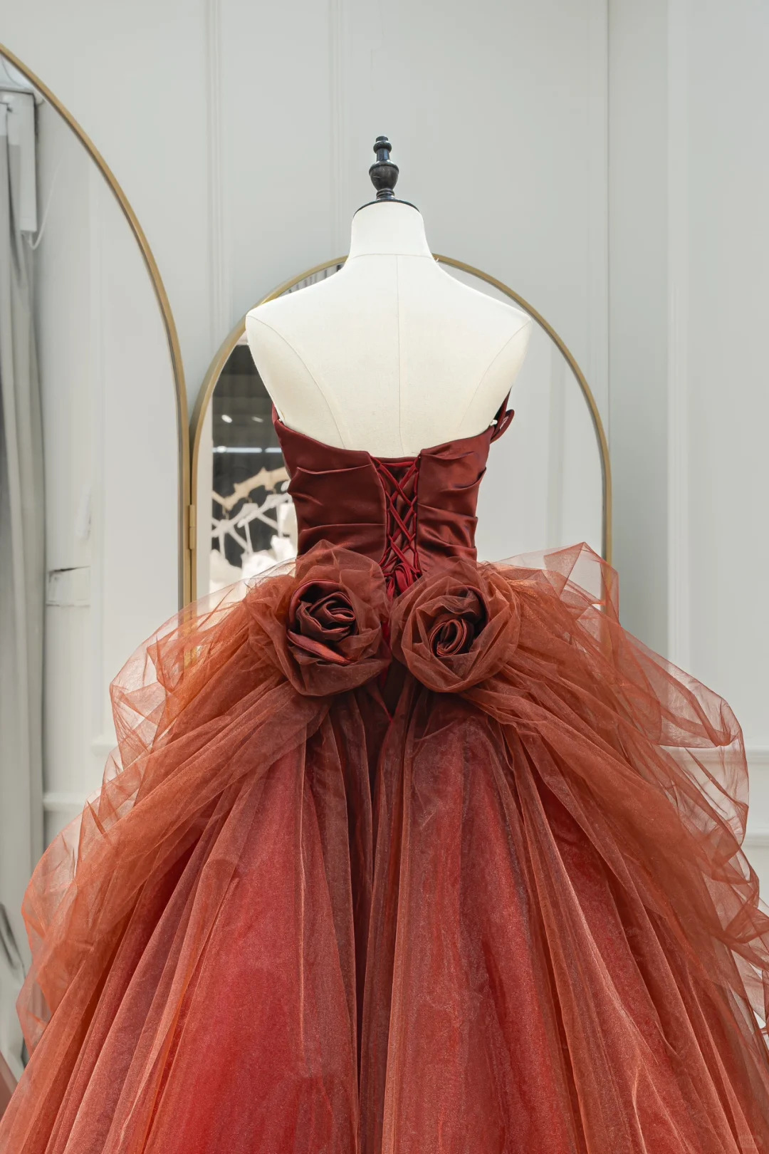 Cute Strapless Ball Gown Dusty Red Floral Tulle Long Quinceanera Dress Birthday Dresses Sweet 15 16 Dress RB1215