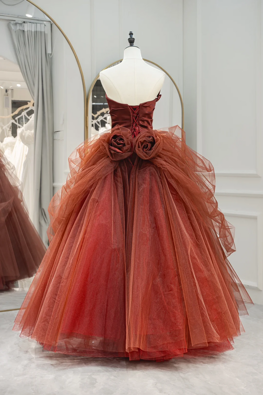 Cute Strapless Ball Gown Dusty Red Floral Tulle Long Quinceanera Dress Birthday Dresses Sweet 15 16 Dress RB1215