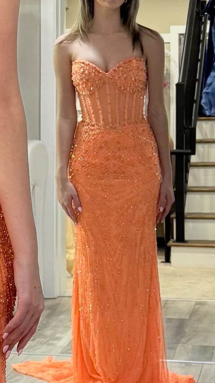 Sexy Mermaid Sweetheart Orange Sequin Prom Dresses Long Party Dress Birthday Outfit Graduation Dress RB1224
