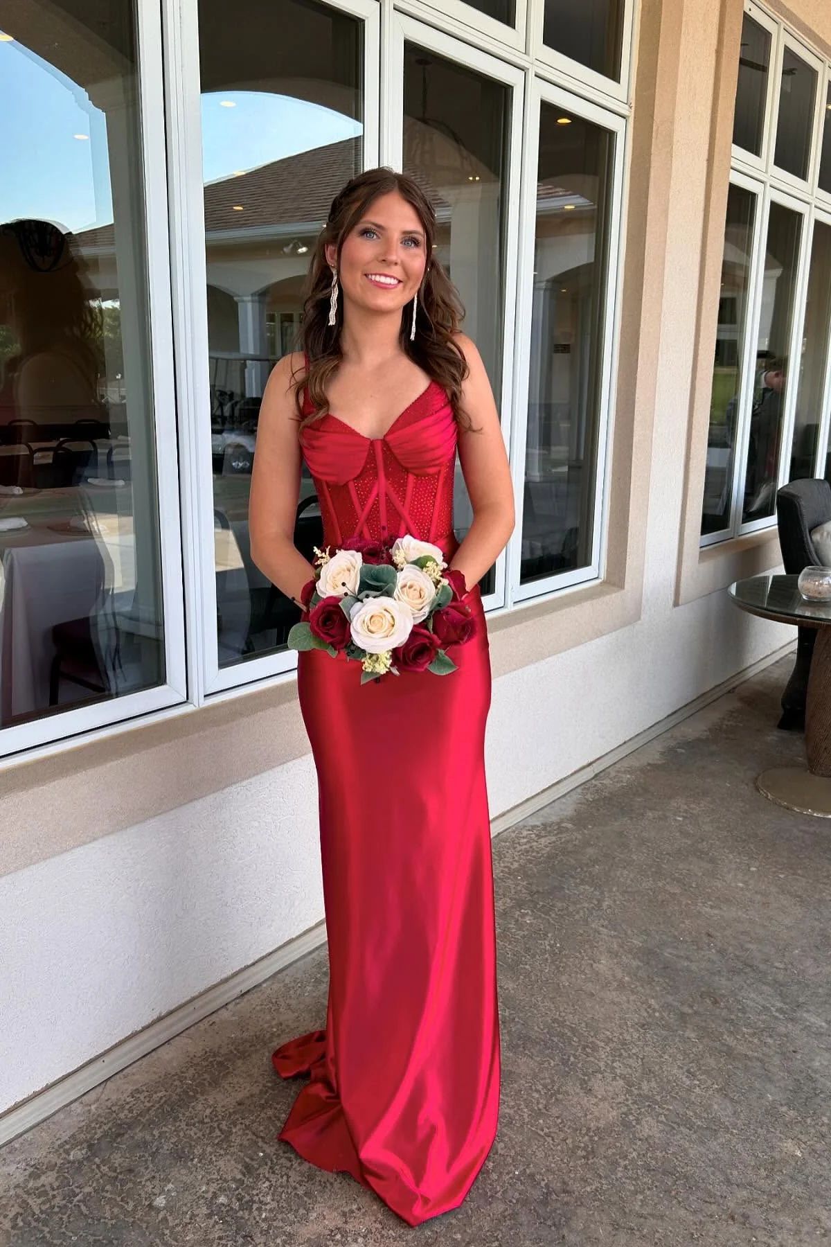 Cheap Mermaid Spaghetti Straps Red Long Classy Beautiful Satin Prom Dresses Party Dress Birthday Outfit Graduation Dress RB1257