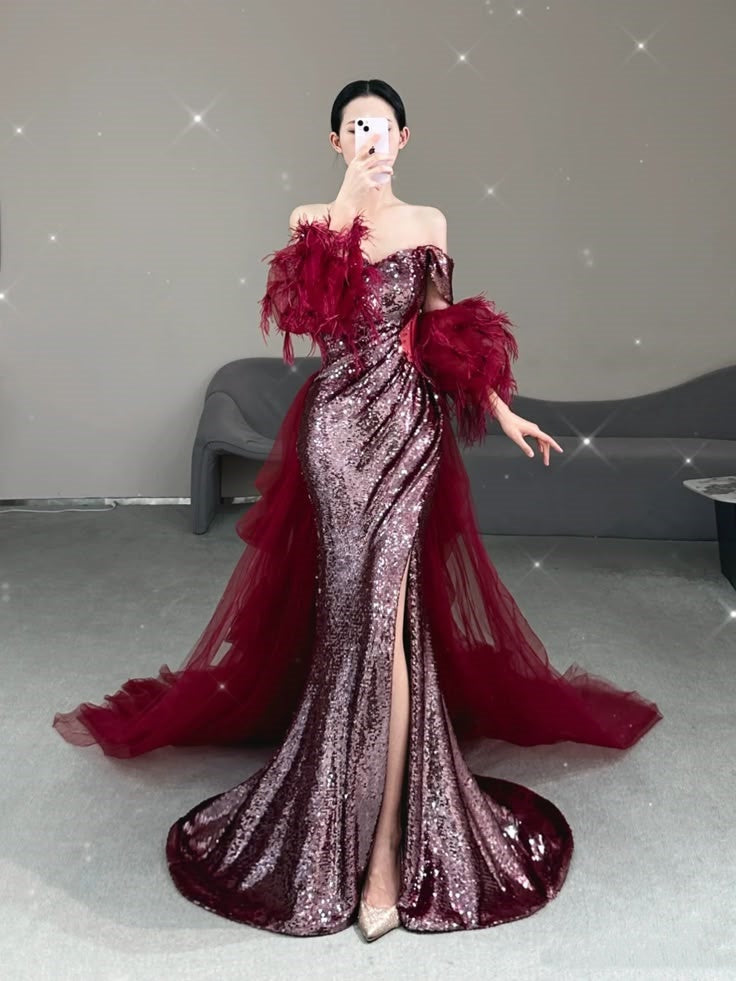 Sexy Mermaid Off The Shoulder Burgundy Sequins Slit Long Prom Dresses – RubyFashionDress