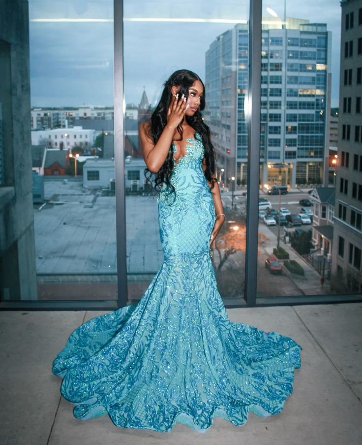 Aesthetic Mermaid V Neck Blue Sequin Long Prom Dresses Inspo Party Dre – RubyFashionDress