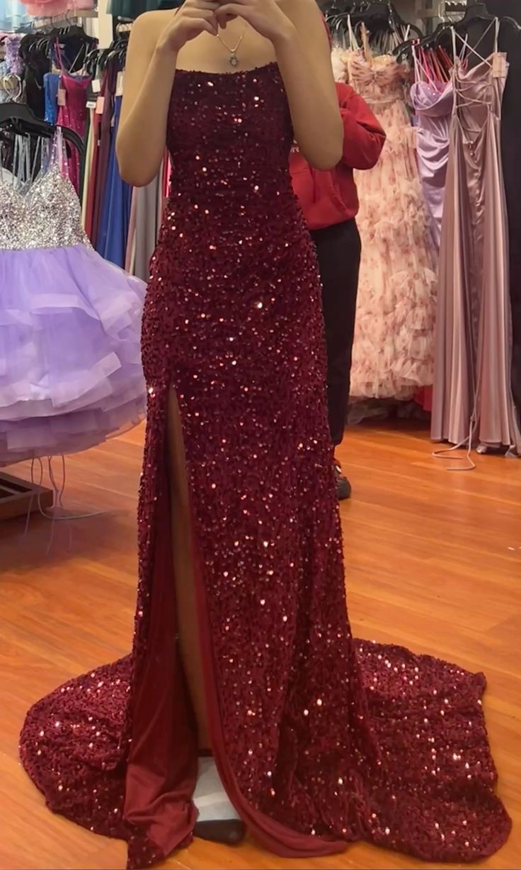 Charming Sheath Halter Burgundy Split Sequin Long Prom Dresses Inspiration Prom Gowns RB1324
