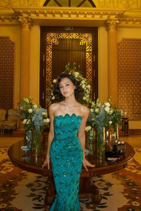 Exquisite Mermaid Strapless Blue Sequins Prom Dresses Long Party Dress 18th Birthday Outfit Prom Gowns RB1339
