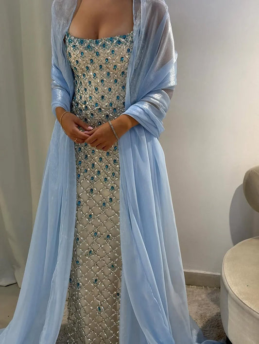 Modest Mermaid Strapless Blue Cape Sequin Long Prom Dresses Inspiration Prom Dress Senior Graduation Dress RB937