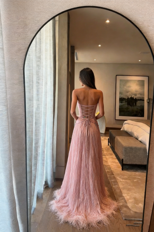 Special A Line Sweetheart Pleated Chiffon Pink Sleeveless Feathers Long Prom Dresses Inspo Prom Gown RB1394