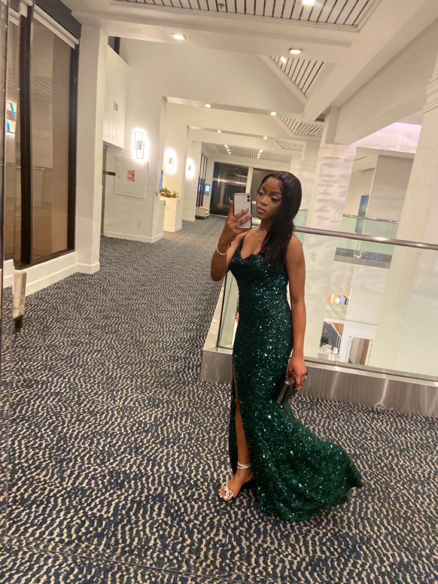 Fancy Mermaid Spaghetti Straps Green Slit Sequin Long Prom Dresses Inspiration Party Dress Prom Gown RB1416