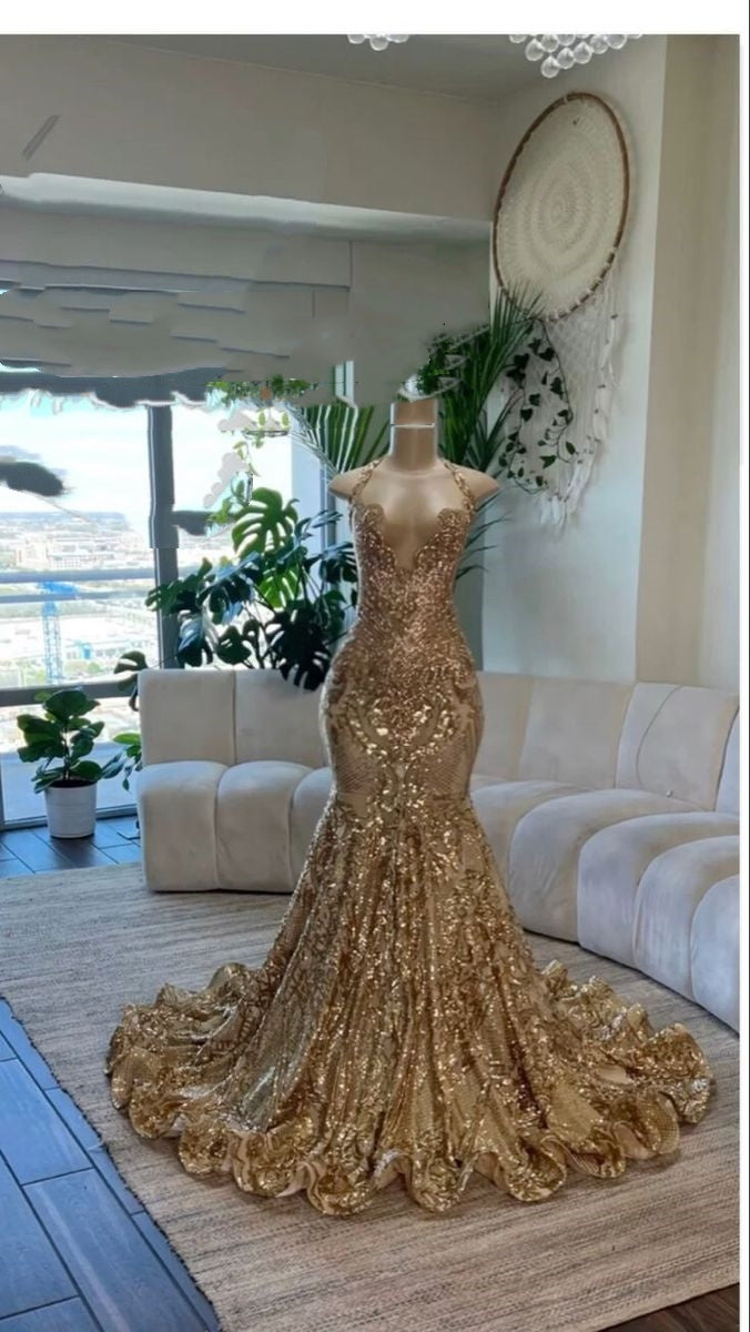 Fancy Mermaid Halter Gold Sequin Long Prom Dresses Inspiration Party Dress Prom Gown RB1425