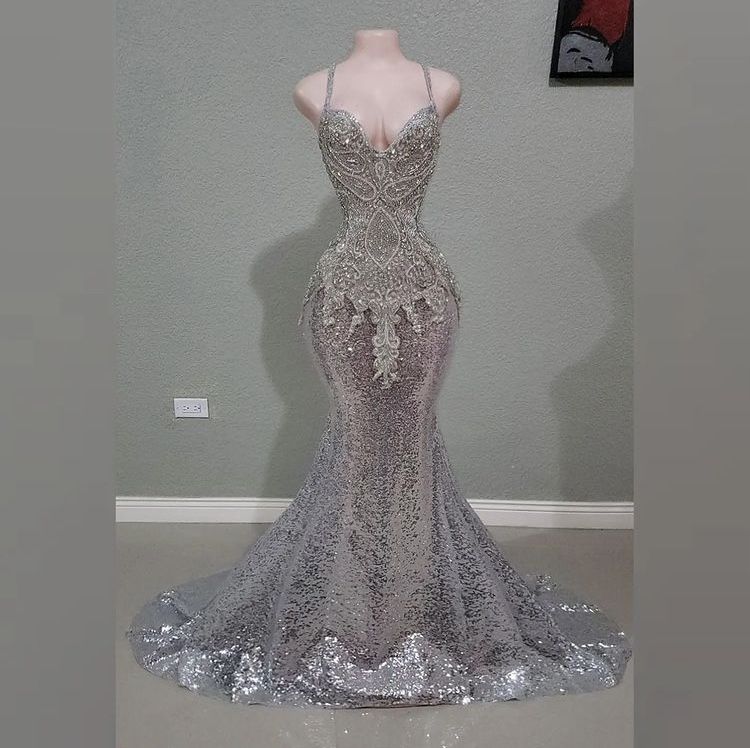 Fancy Mermaid Spaghetti Straps Silver Sequin Long Prom Dresses Inspiration Party Dress Prom Gown RB1427