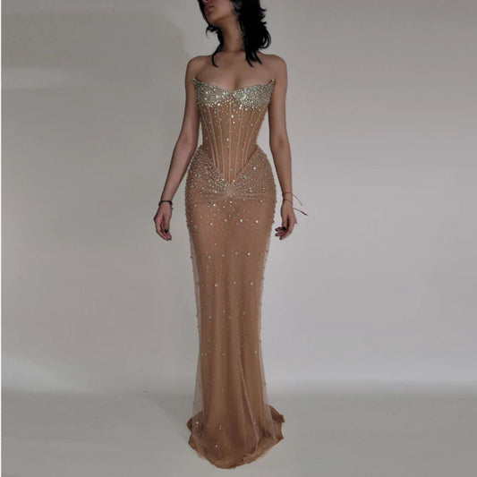 Sexy Mermaid Strapless Champagne Silver Beads Sequin Prom Dresses Party Dress 20th Birthday Outfits Graduation Dress RB1385