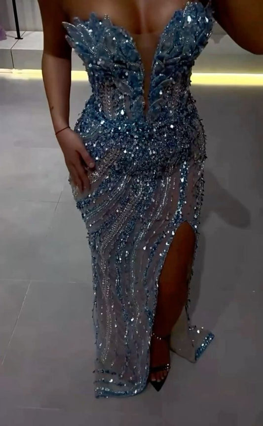 Elegant Mermaid Sweetheart Sequin Slit Beaded Blue Prom Dresses For Teens Party Dress 18th Birthday Outfits Prom Gown RB1493