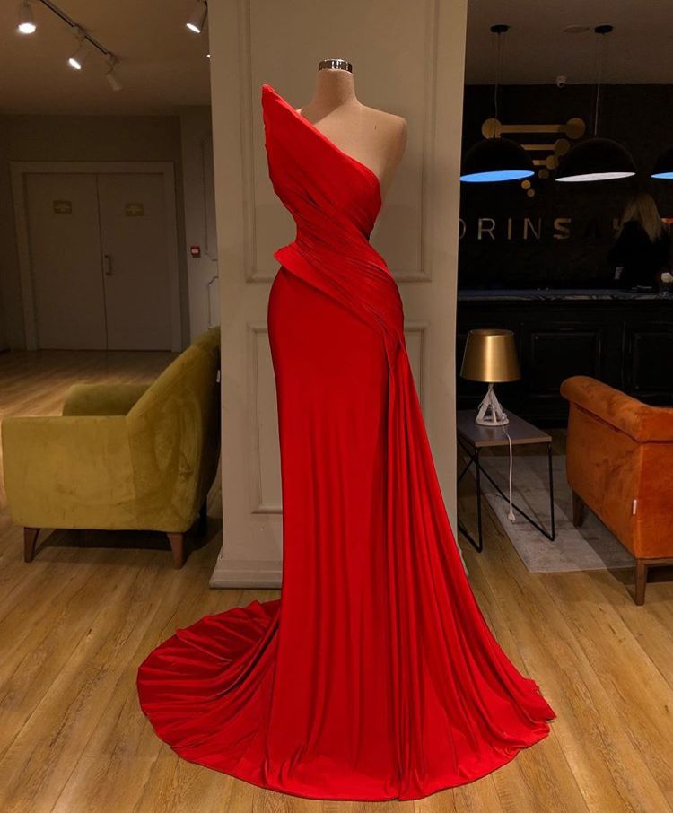 Elegant Mermaid Red Satin Pleated Long Prom Dresses For Teens Formal Dress Birthday Outfits Prom Gown RB1531