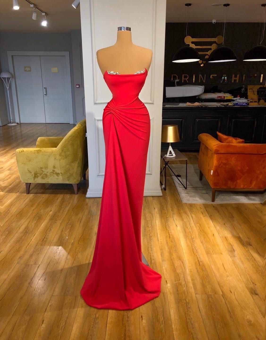Classy Mermaid Strapless Red Pleated Long Prom Dresses For Teens Formal Dress 18th Birthday Outfits Prom Gown RB1536