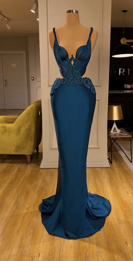 Glamour Mermaid Spaghetti Straps Satin Lace Appliques Long Prom Dresses Party Dress 20th Birthday Outfits Prom Gown RB1537
