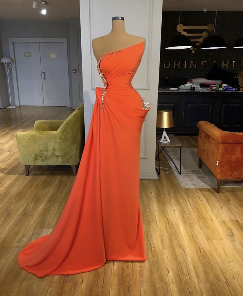 Classy Mermaid Strapless Orange Pleated Beaded Long Prom Dresses For Teens Formal Dress 20th Birthday Outfits Prom Gown RB1540