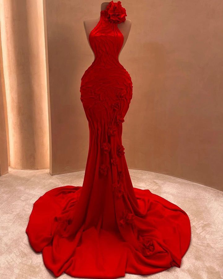 Princess Mermaid High Neck Red Satin Pleated Prom Dresses Impress 22th – RubyFashionDress