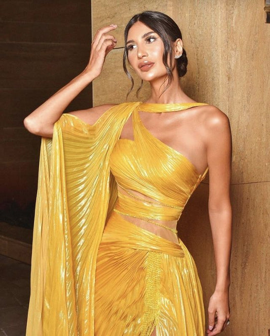 Chic Mermaid One Shoulder Yellow Satin Ruffles Slit Long Prom Dresses 20th Birthday Outfits Prom Gown RB1581