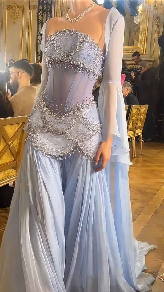 Pretty Mermaid Strapless Maxi Long Party Light Blue Chiffon Prom Dresses Evening Dress RB1595