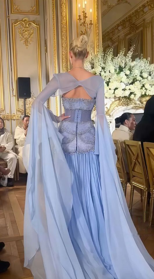 Modest Mermaid Strapless Blue Chiffon Beaded Long Prom Dresses For Teens Formal Dress 20th Birthday Outfits Prom Gown RB1595