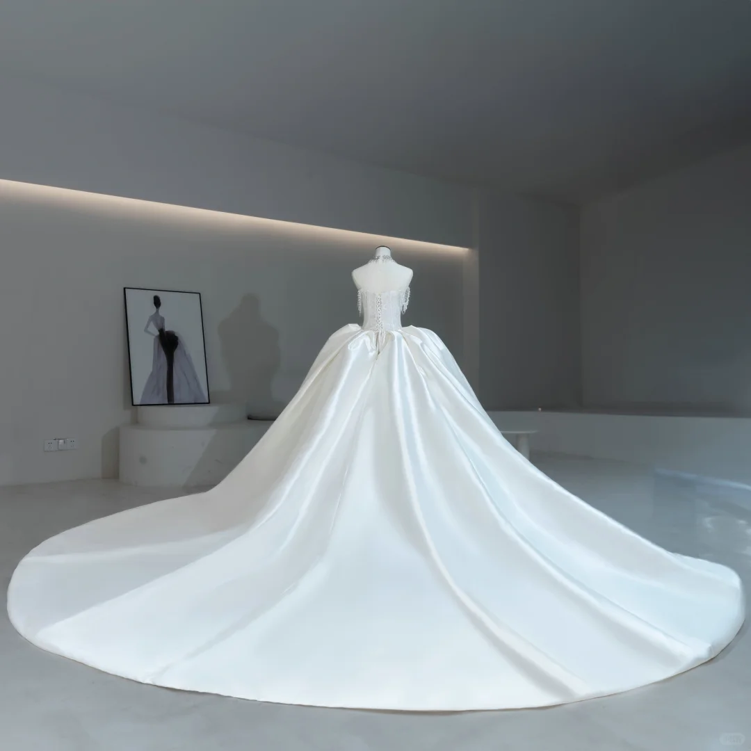 Stunning Ball Gown Strapless Fitted Corset Satin Wedding Dress Long Bridal Gown White Wedding Gowns RB1597