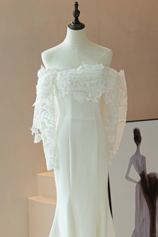 Modest Mermaid Off The Shoulder Fitted Corset Lace Long Sleeve Fit and Flare Wedding Dresses Bridal Gown Wedding Gowns RB1616