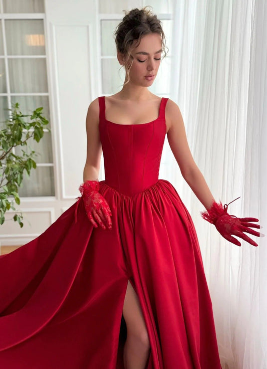 Timeless A Line Square Neck Red Satin Slit Long Prom Dresses For Teens Formal Dress Birthday Outfits Prom Gowns RB1618