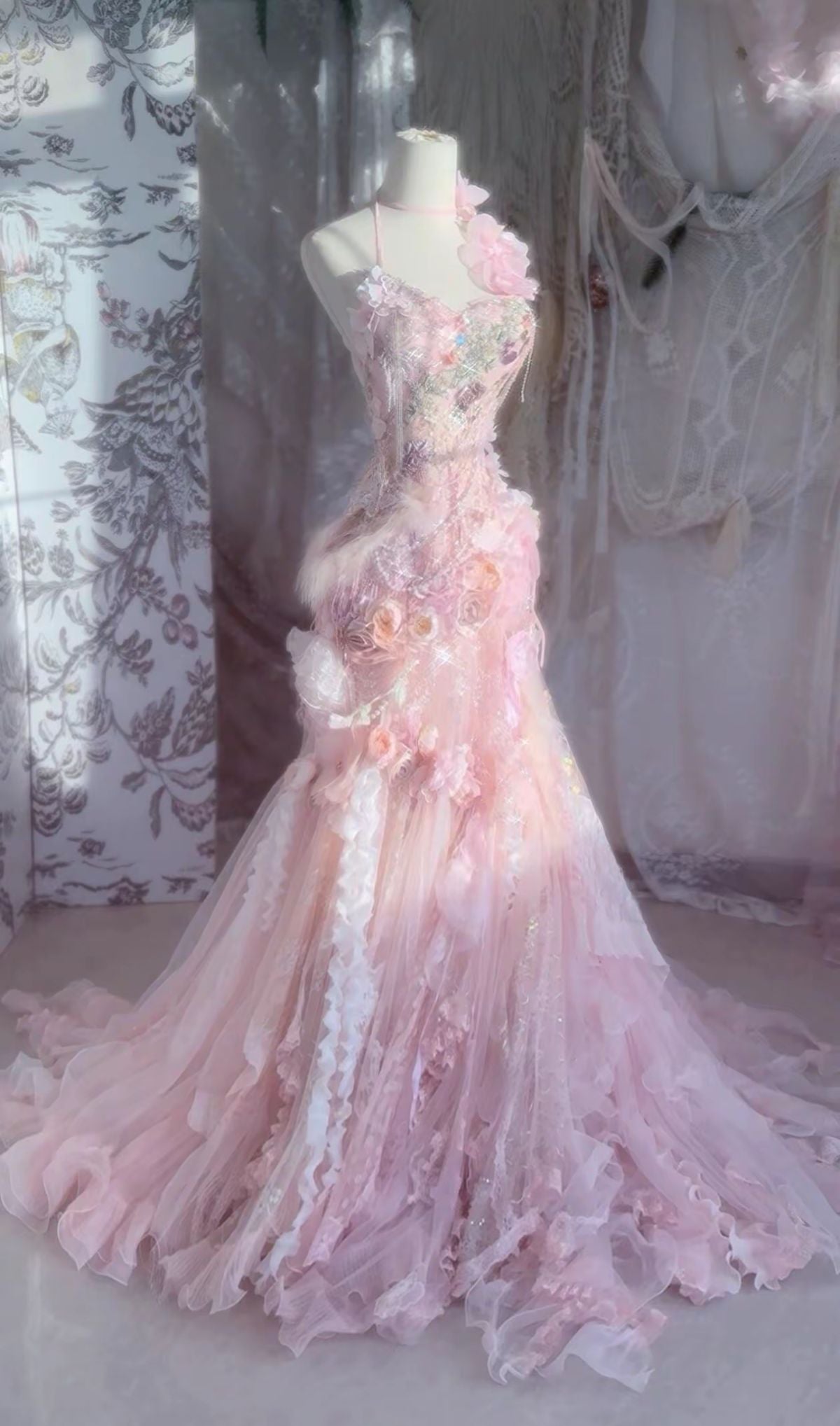 Princess Mermaid Halter Pink Lace Long Prom Dresses Impress 20th Birthday Outfits Prom Gown RB1671