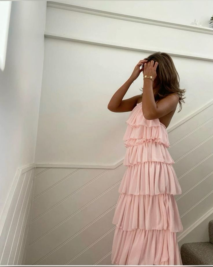 Chic A Line High Neck Pink Chiffon Long Prom Dresses Formal Dress Birthday Outfits Prom Gown RB1708