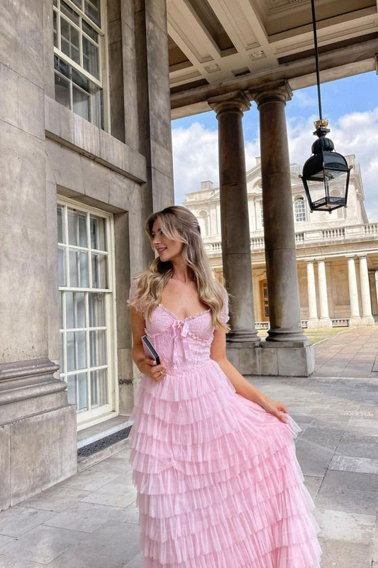 Modest A line Sweetheart Pink Tulle Prom Dresses Long Party Dress 18th Birthday Outfits Graduation Dress RB1714