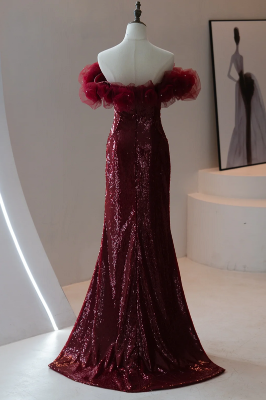 Classy Mermaid Off The Shoulder Burgundy Sequin Prom Dresses Formal Dress 18th Birthday Outfits Prom Gown RB1784