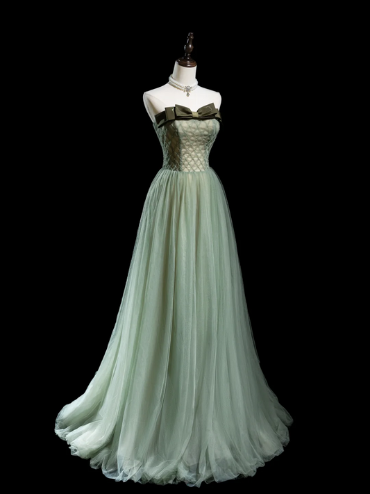 Retro A line Strapless Tulle Light Green Long Prom Dresses Impress 18th Birthday Outfits Prom Gown RB1855