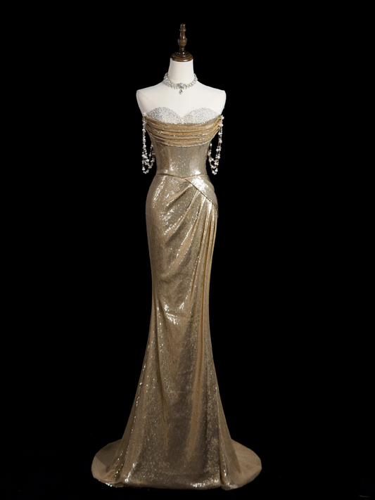 Sparkle Mermaid Sweetheart Gold Sequin Long Prom Dresses Impress 18th Birthday Outfits Prom Gown RB1866