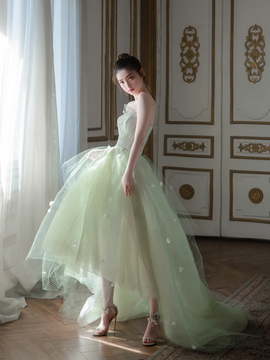 Vintage Ball Gown Strapless Mint Green Tulle Long Prom Dresses For Teens Formal Dress Floor Length Prom Gown RB1869