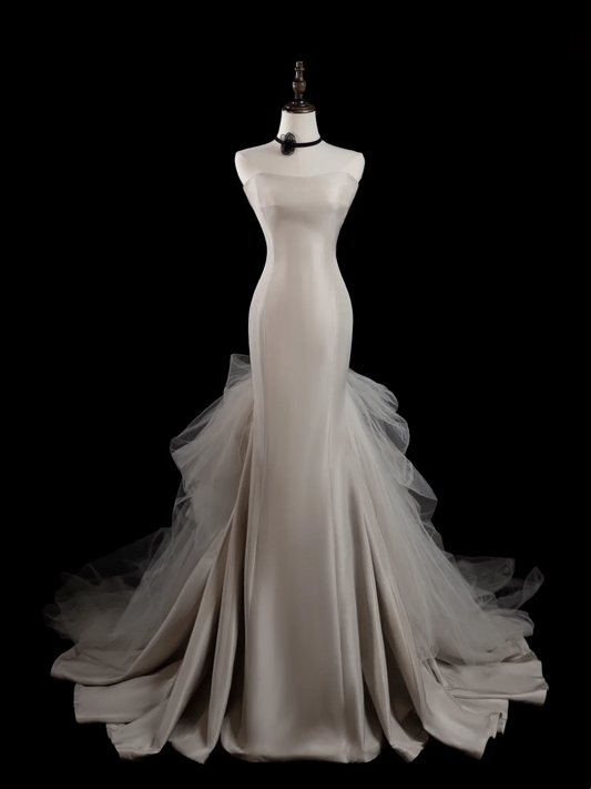 Vintage Mermaid Strapless Sleeveless White Fitted Long Wedding Dress Bride Gown Wedding Dresses RB1876