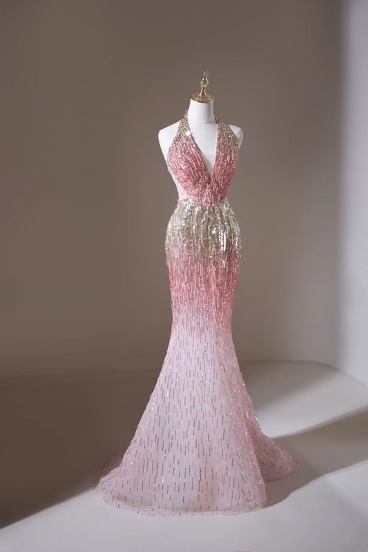 Retro Mermaid Halter Pink Sequin Long Prom Dresses Impress 19th Birthday Outfits Prom Gown RB1893