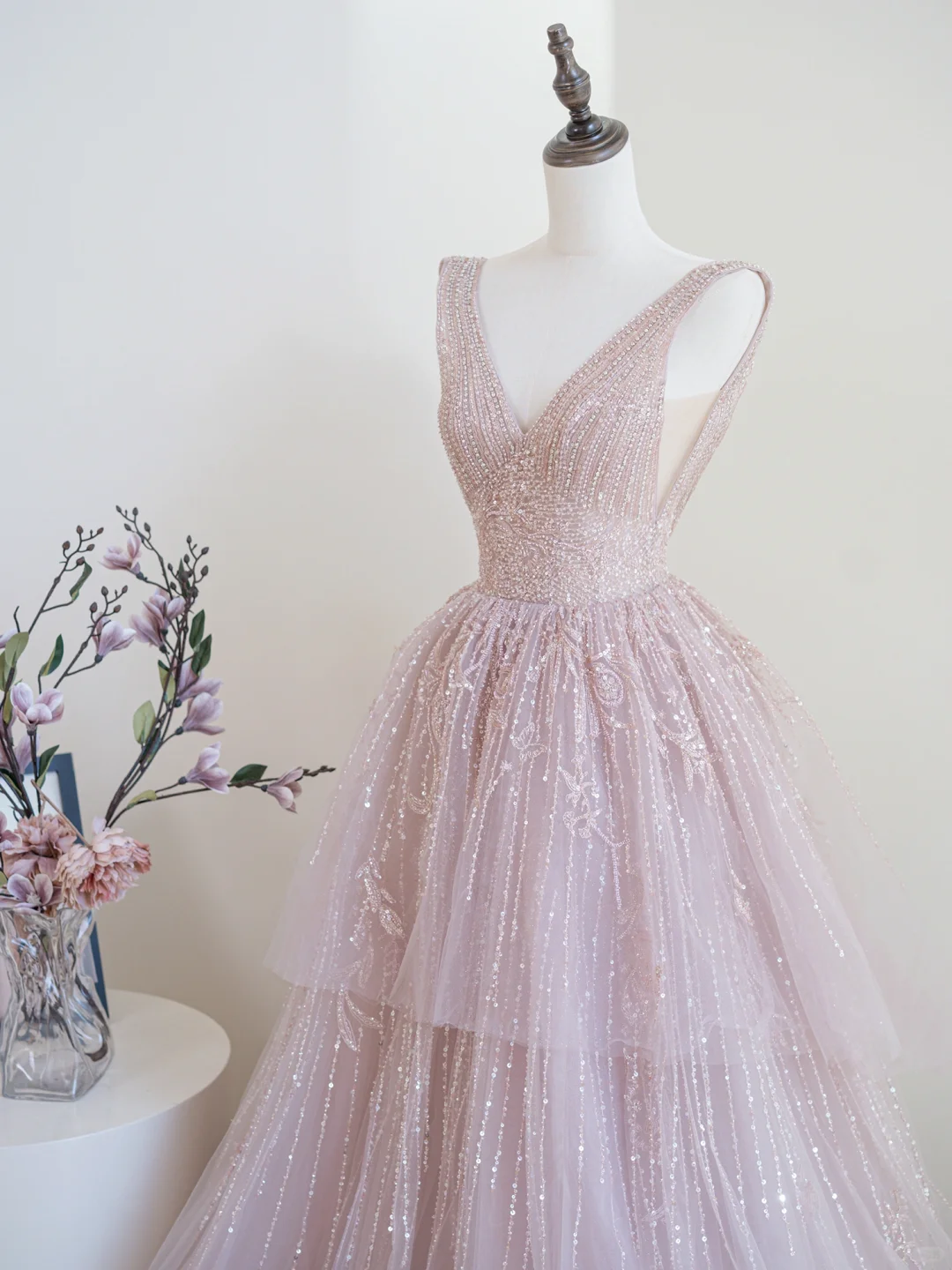 Shinning Ball Gown Deep V Neck Pink Sequin Long Prom Dresses Impress 19th Birthday Outfits Prom Gown RB1900