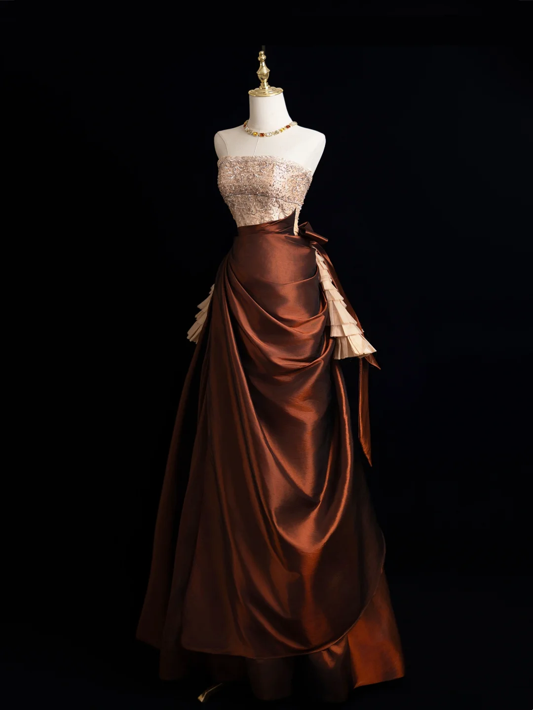 Vintage Ball Gown Strapless Brown Satin Long Prom Dresses Impress Swee – RubyFashionDress