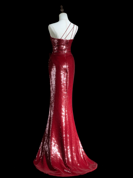 Timeless Mermaid One Shoulder Burgundy Sequin Slit Long Prom Dresses Inspiration Party Dress Prom Gowns RB1934