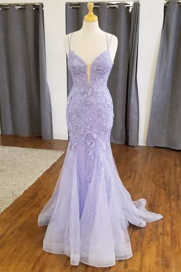 Elegant Mermaid Spaghetti Straps Lilac Lace Tulle Long Prom Dresses Formal Dress Beaded Birthday Outfits Prom Gown RB1959