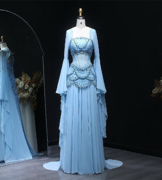 Classy A Line Strapless Blue Chiffon Beaded Prom Dresses Formal Dress 20th Birthday Outfits Prom Gown RB1966
