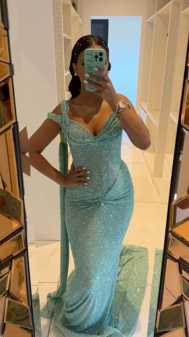 Sexy Mermaid Off The Shoulder Blue Sequin Prom Dresses Party Dress Formal Outfits Graduation Dress RB2002