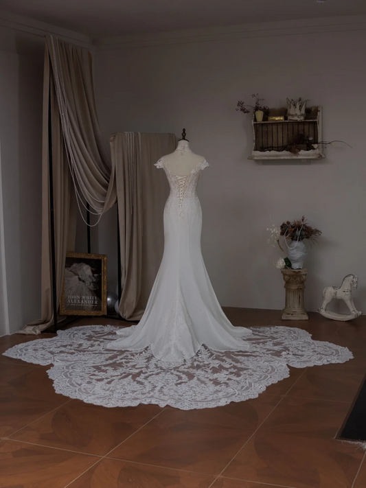 Princess Mermaid High Neck Long Sleeve Lace Fitted Corset Long Wedding Dress Bride Gowns White Wedding Dresses RB2023